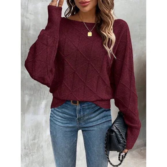 Ribbed knit crosshatch crewneck sweater batwing white - Picture 2 of 6